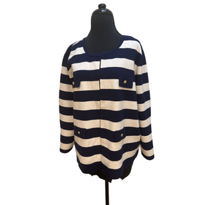 Anne Klein Sweater Jacket Blue & White Stripes Casual Blazer Gold Accents XXL